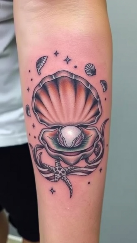 An artistic clam shell tattoo with an open shell and pearl, surrounded by ocean waves.
